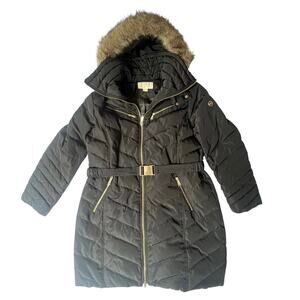 Michael Kors Black Down Belted Puffer Coat Faux Fur Hood Women’s XL